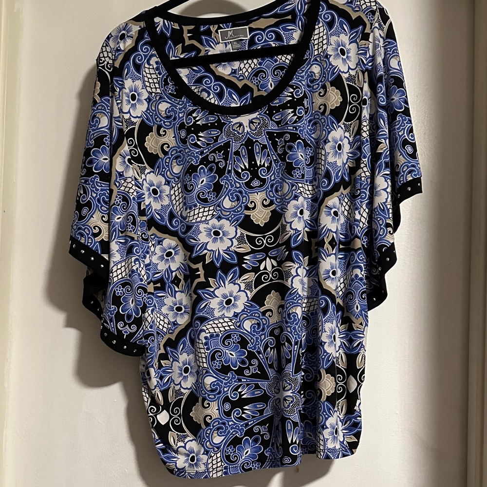 Blue and Black Floral Blouse butterfly arms